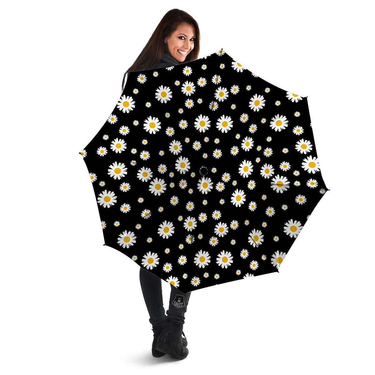 Floral Black Daisy Print Pattern Umbrella-grizzshop