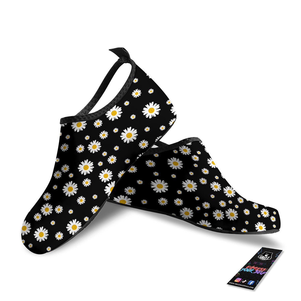 Floral Black Daisy Print Pattern Water Shoes-grizzshop