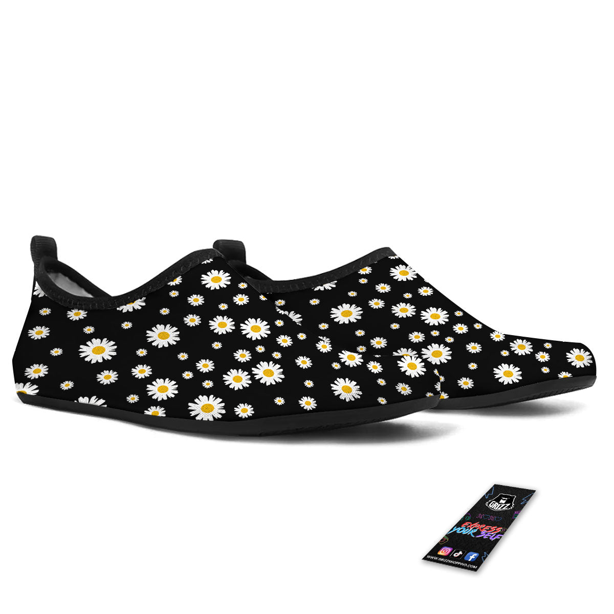 Floral Black Daisy Print Pattern Water Shoes-grizzshop