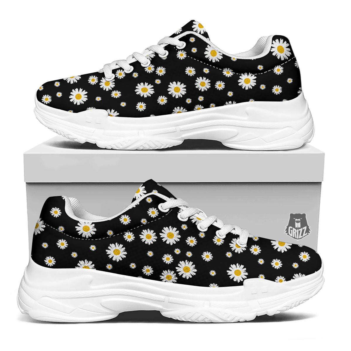 Floral Black Daisy Print Pattern White Chunky Shoes-grizzshop