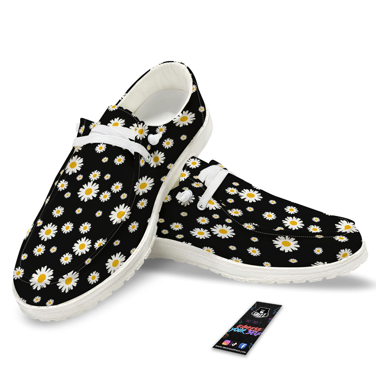 Floral Black Daisy Print Pattern White Loafers-grizzshop