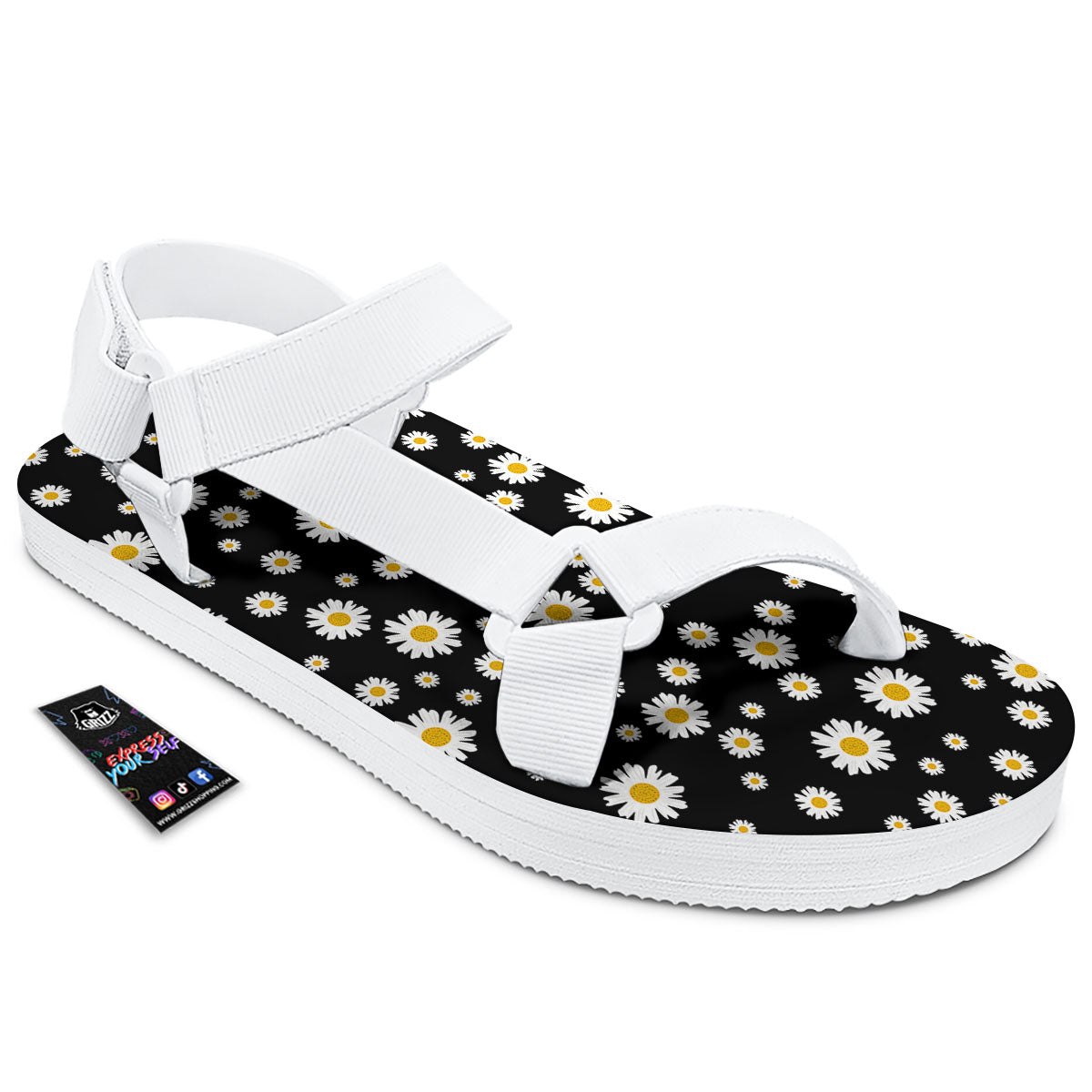 Floral Black Daisy Print Pattern White Open Toe Sandals-grizzshop