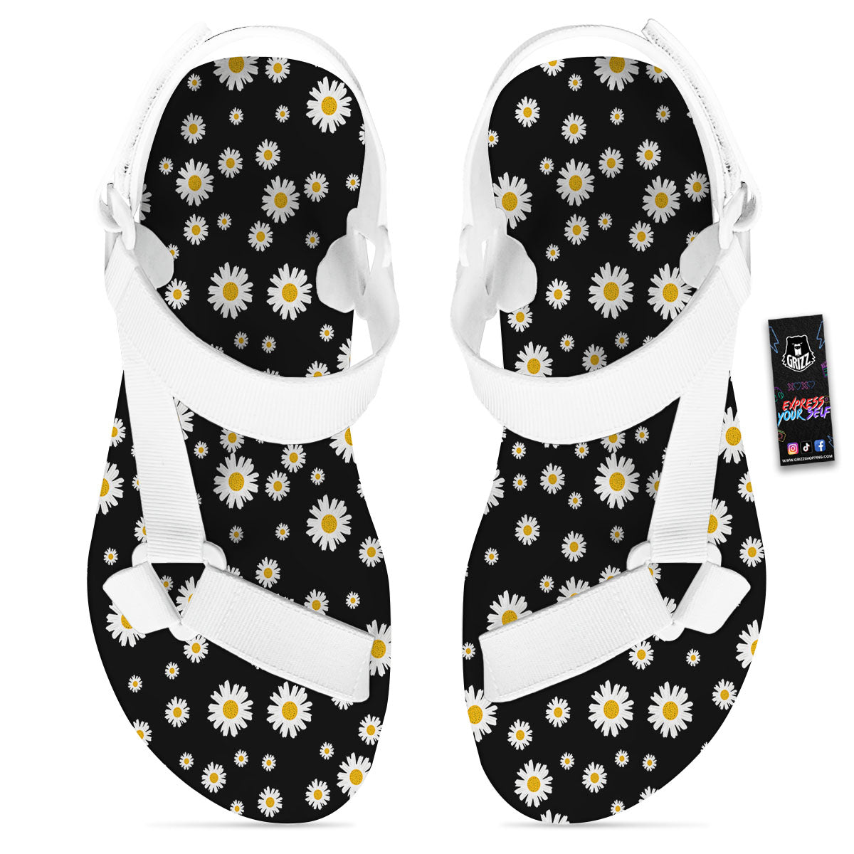 Floral Black Daisy Print Pattern White Open Toe Sandals-grizzshop