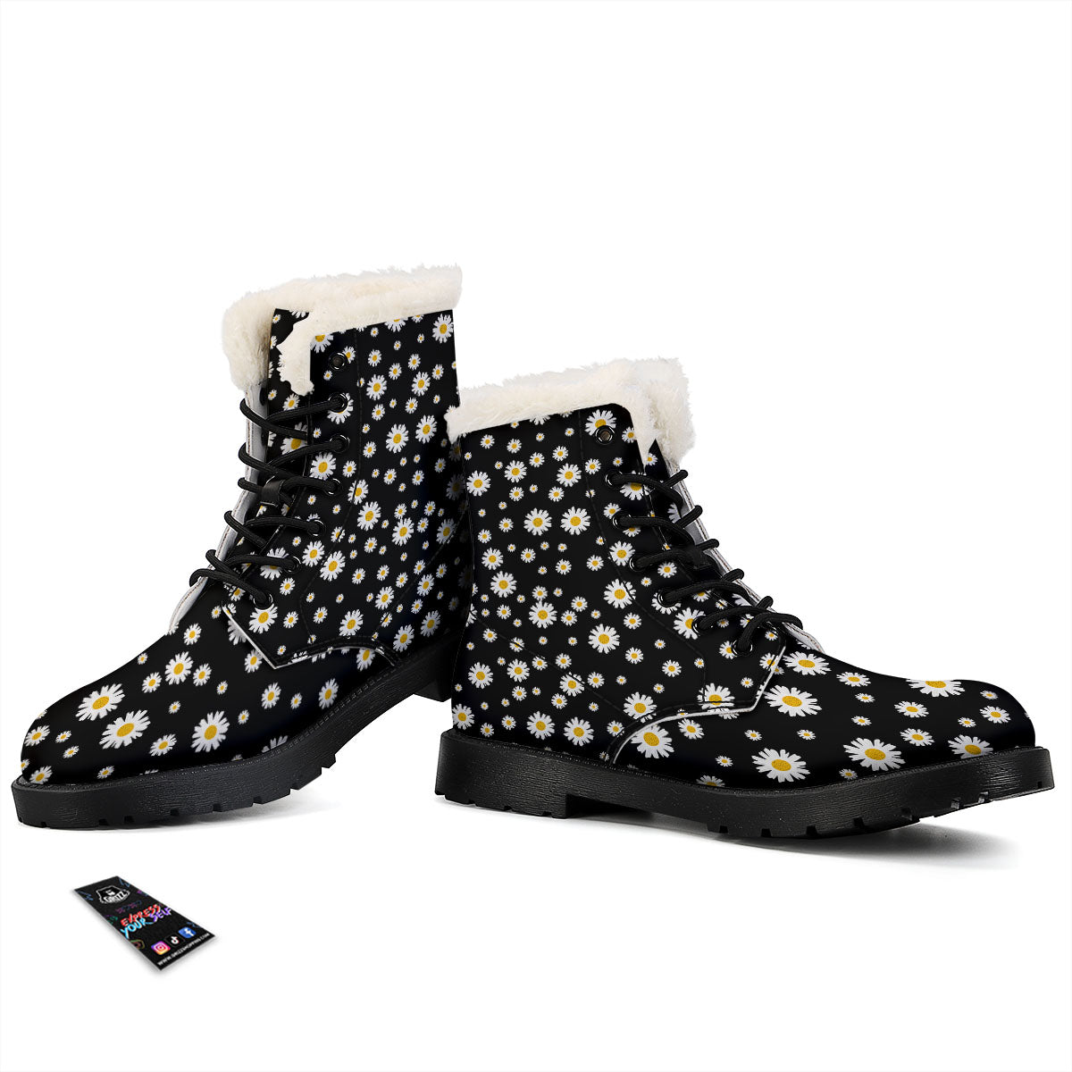 Floral Black Daisy Print Pattern Winter Boots-grizzshop