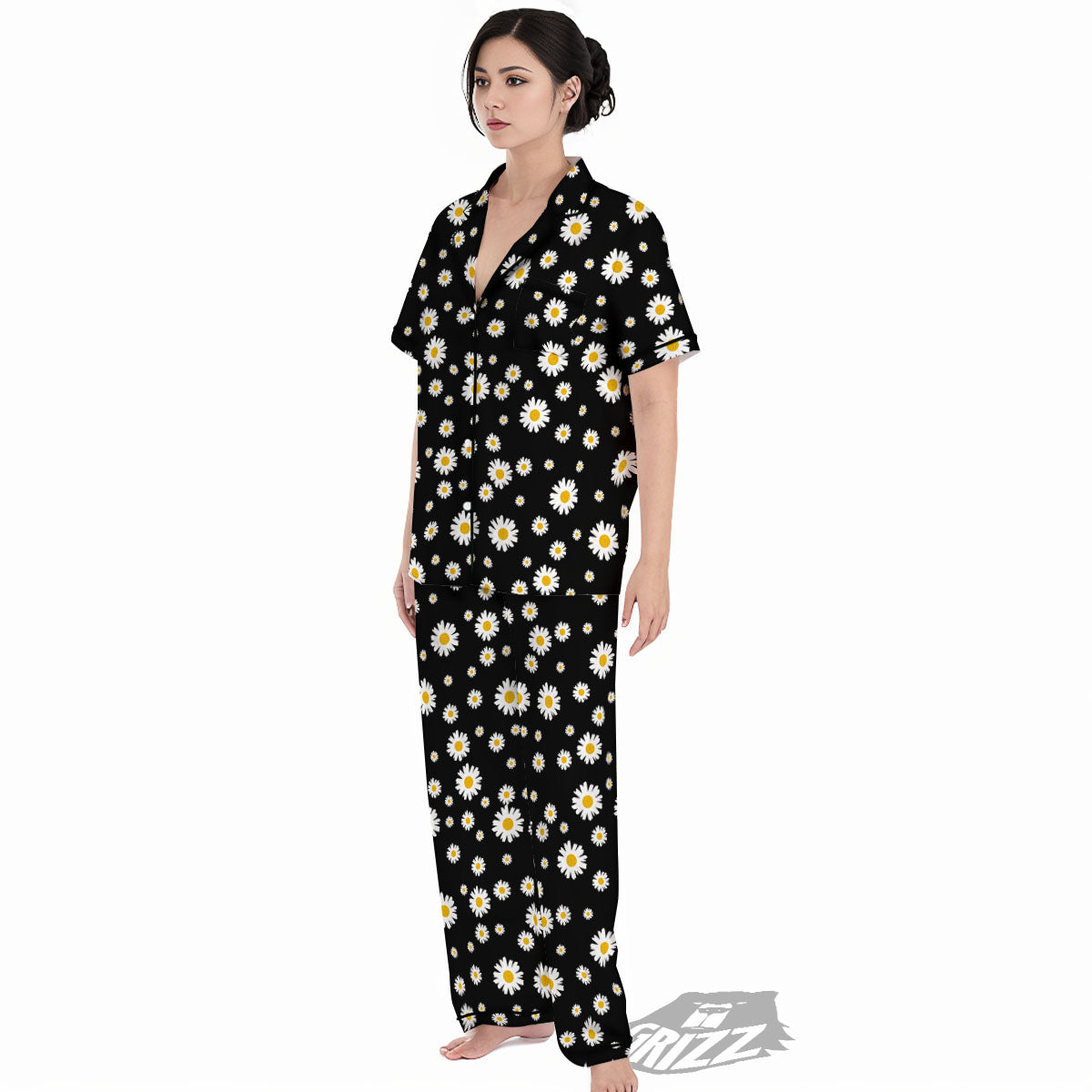 Floral Black Daisy Print Pattern Women's Pajamas Set-grizzshop