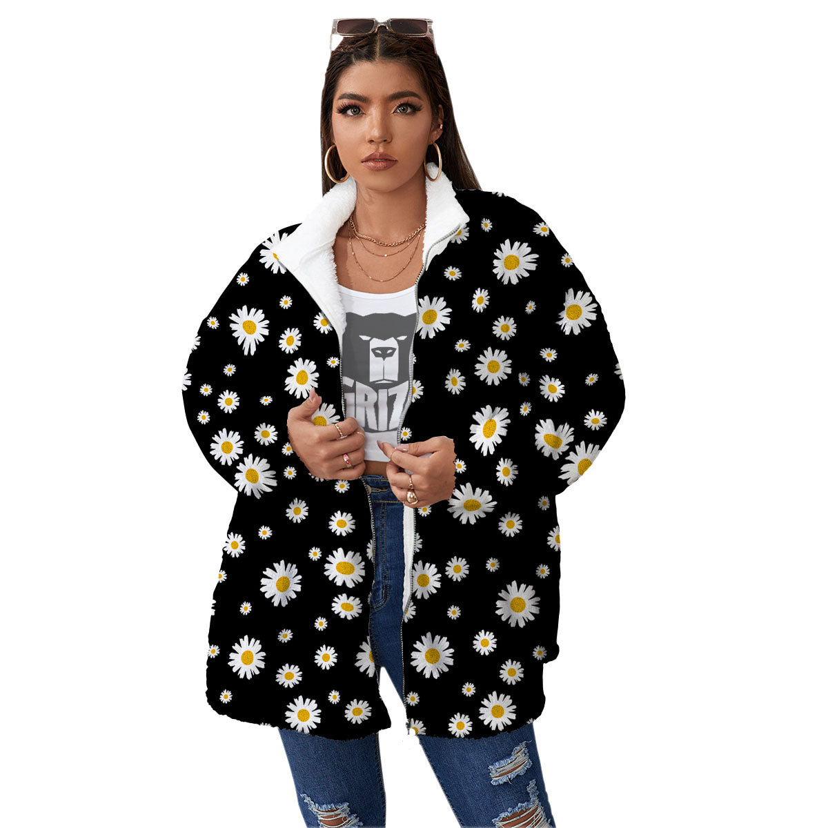 Floral Black Daisy Print Pattern Women's Sherpa Jacket-grizzshop