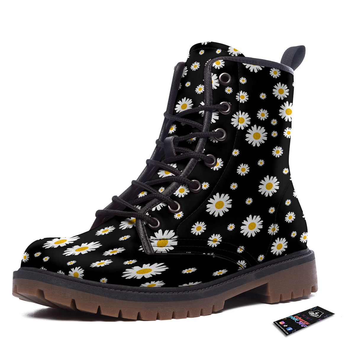 Floral Black Daisy Print Pattern Work Boots-grizzshop