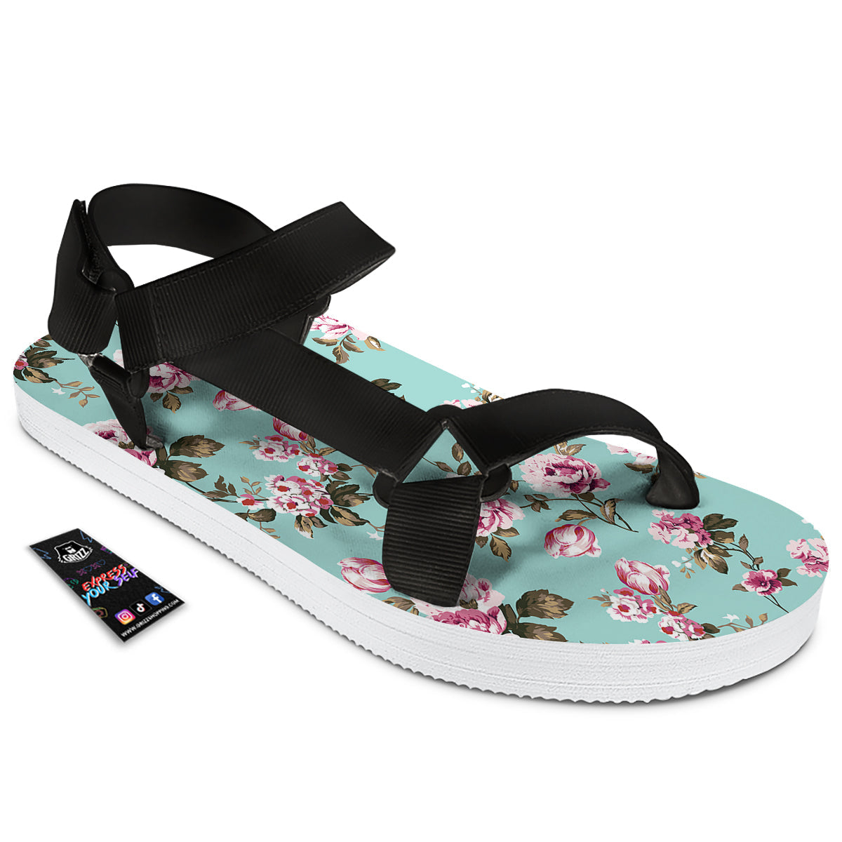 Floral Blossom Vintage Print Pattern Black Open Toe Sandals-grizzshop