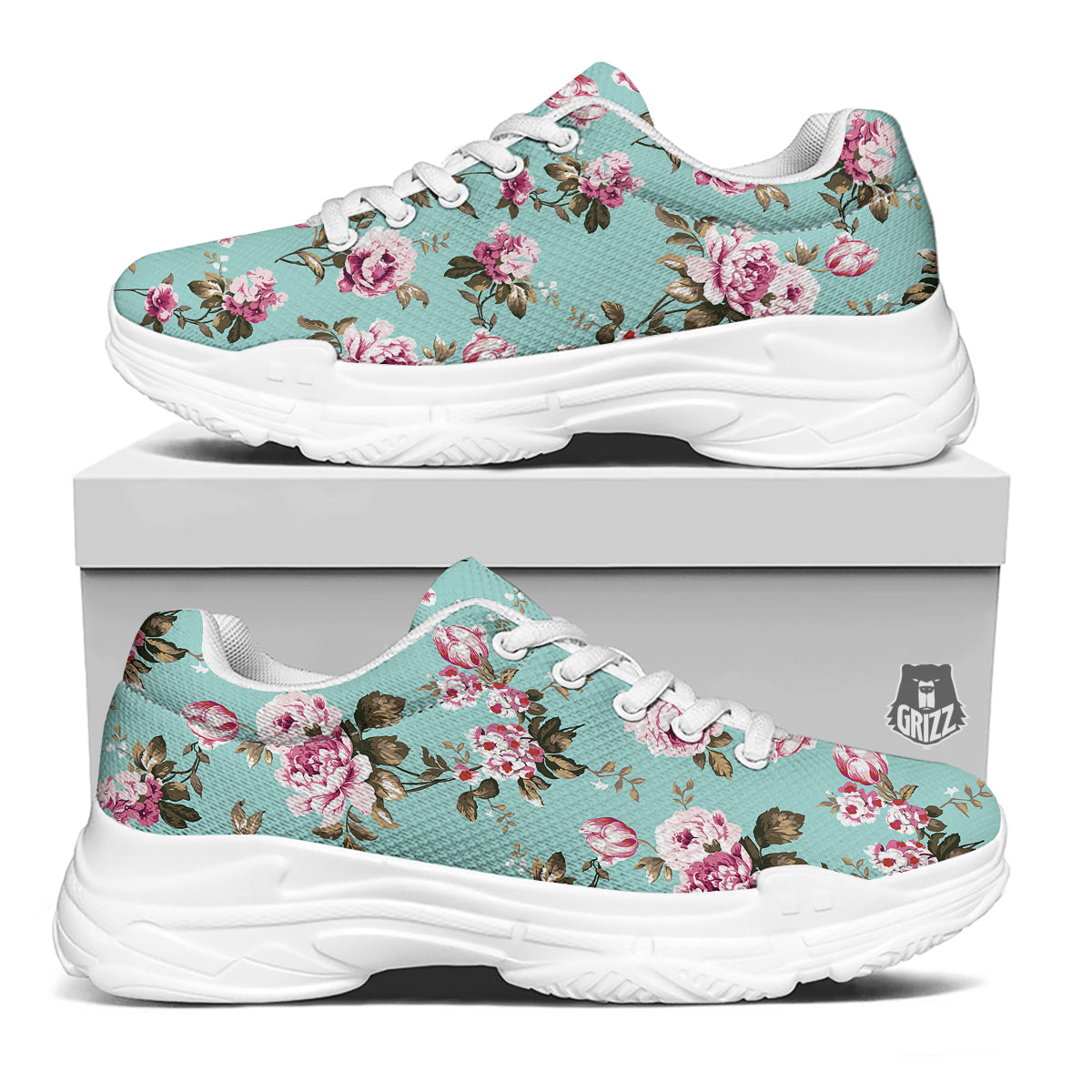 Floral Blossom Vintage Print Pattern White Chunky Shoes-grizzshop