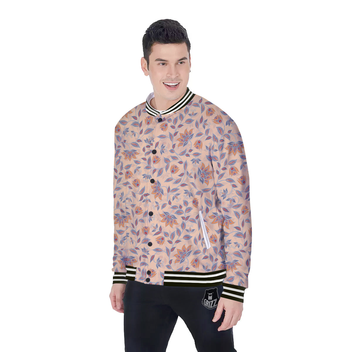 Floral Bohemian Beige Print Pattern Baseball Jacket-grizzshop