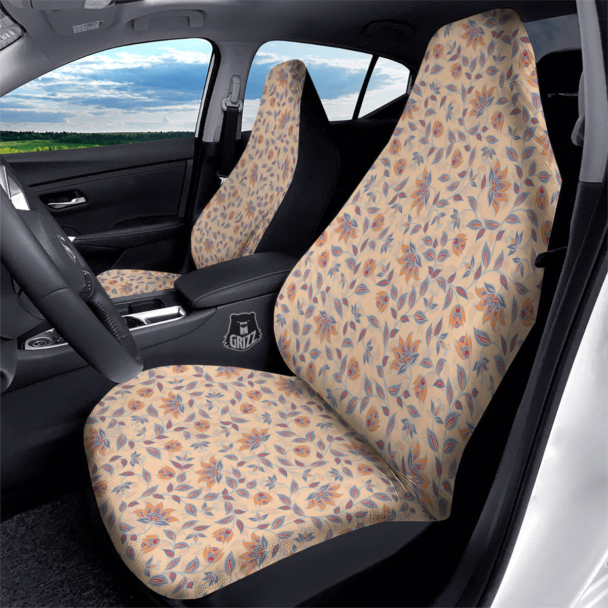 Floral Bohemian Beige Print Pattern Car Seat Covers-grizzshop