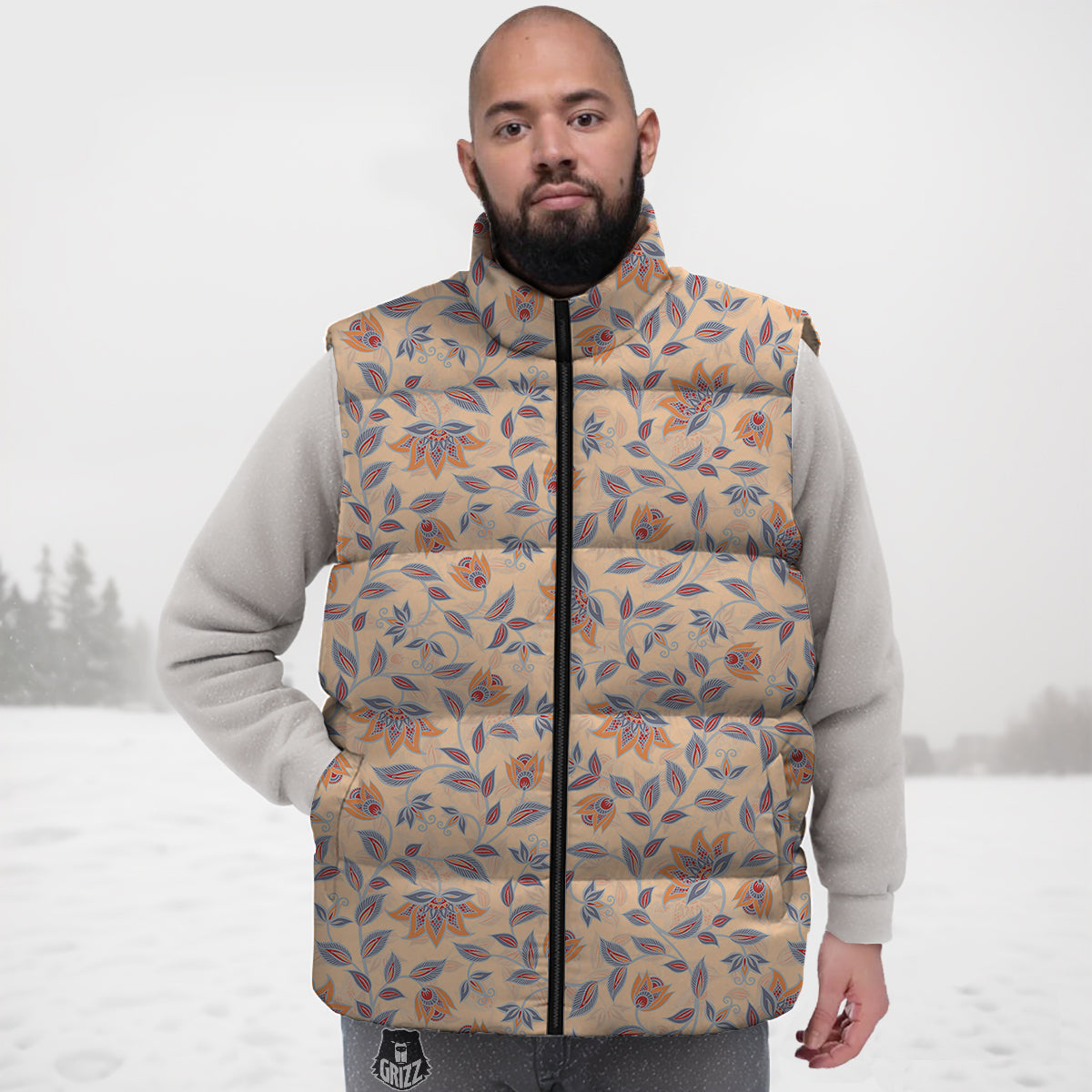 Floral Bohemian Beige Print Pattern Down Vest