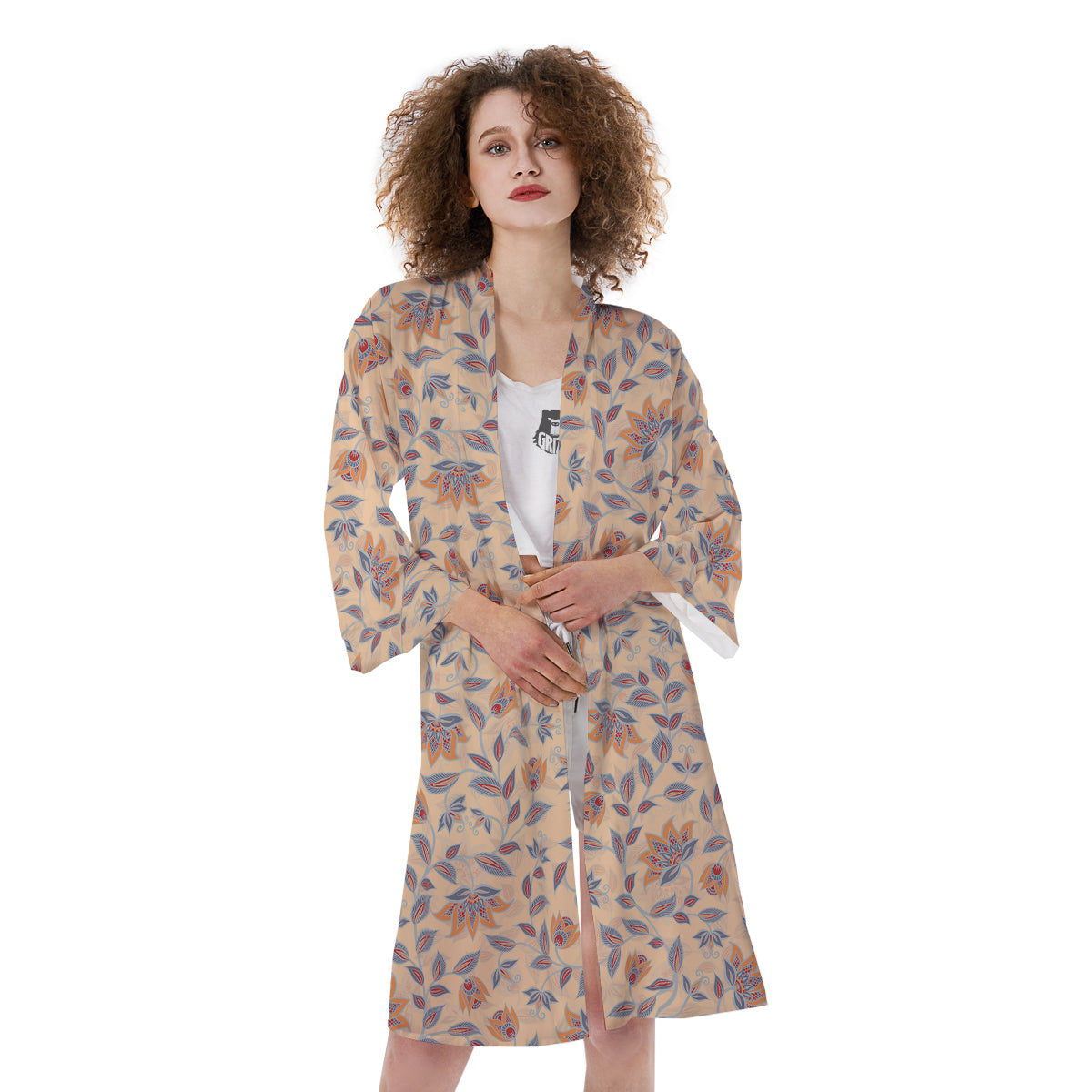 Floral Bohemian Beige Print Pattern Kimono-grizzshop