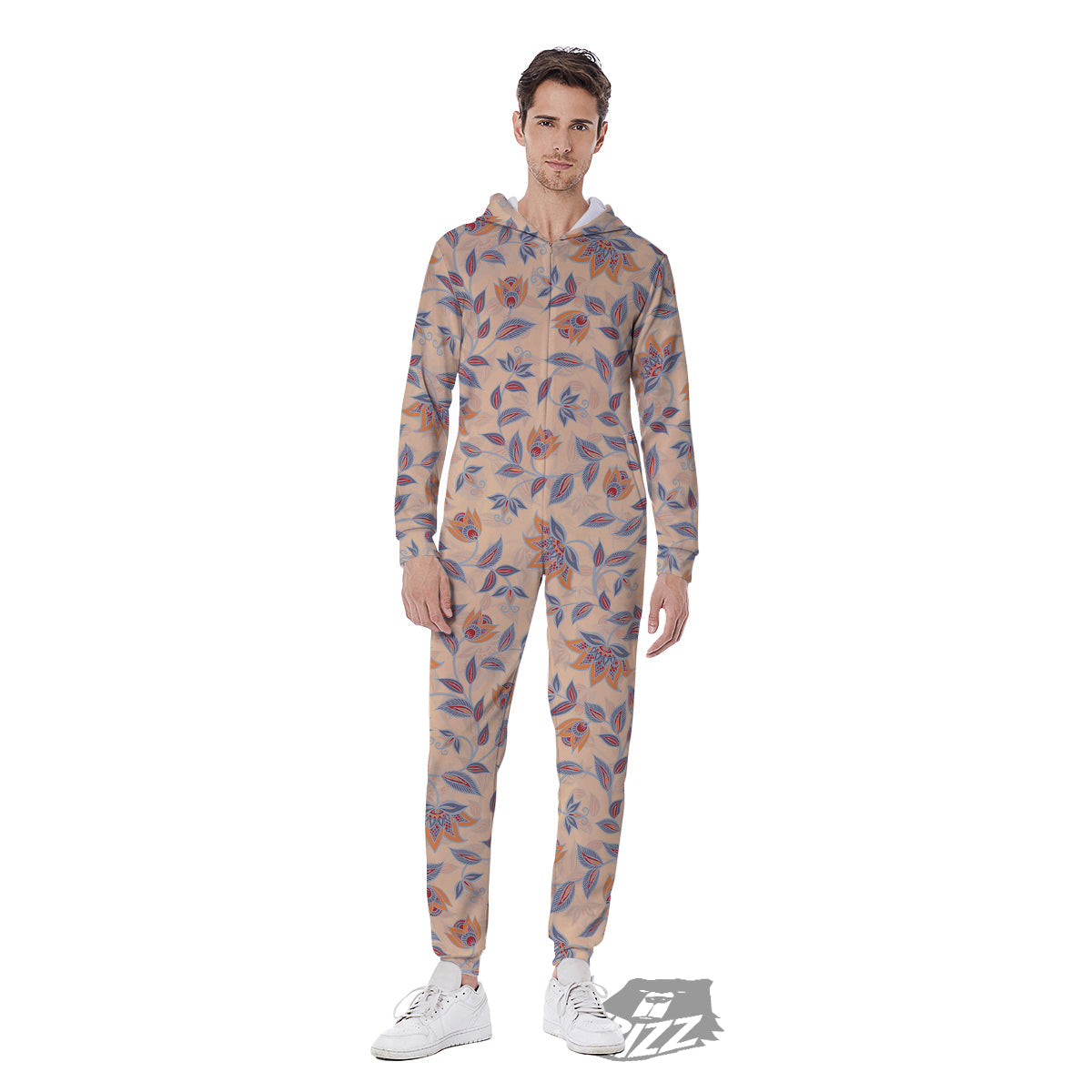 Floral Bohemian Beige Print Pattern Men's Jumpsuit-grizzshop