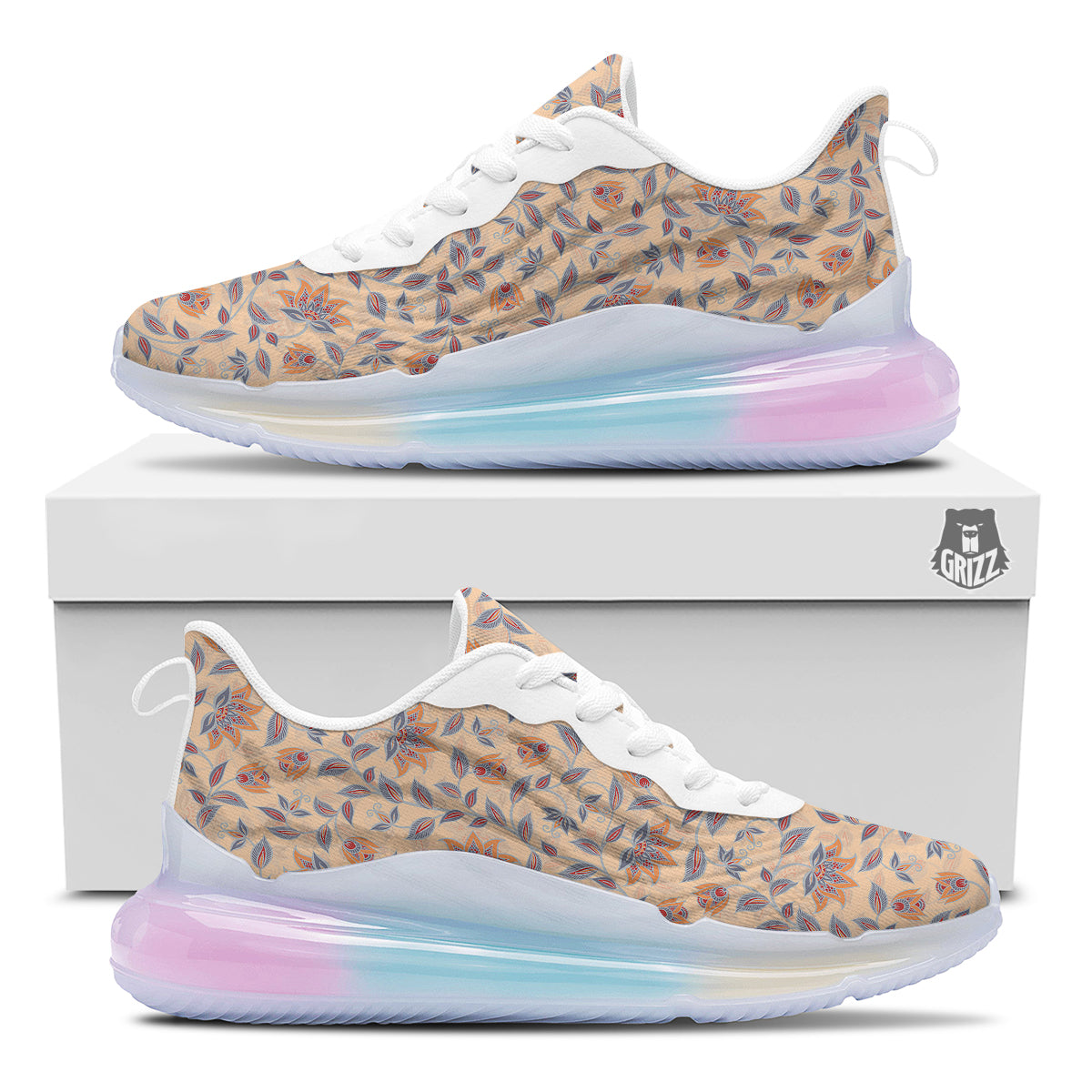 Floral Bohemian Beige Print Pattern Running Sneakers-grizzshop