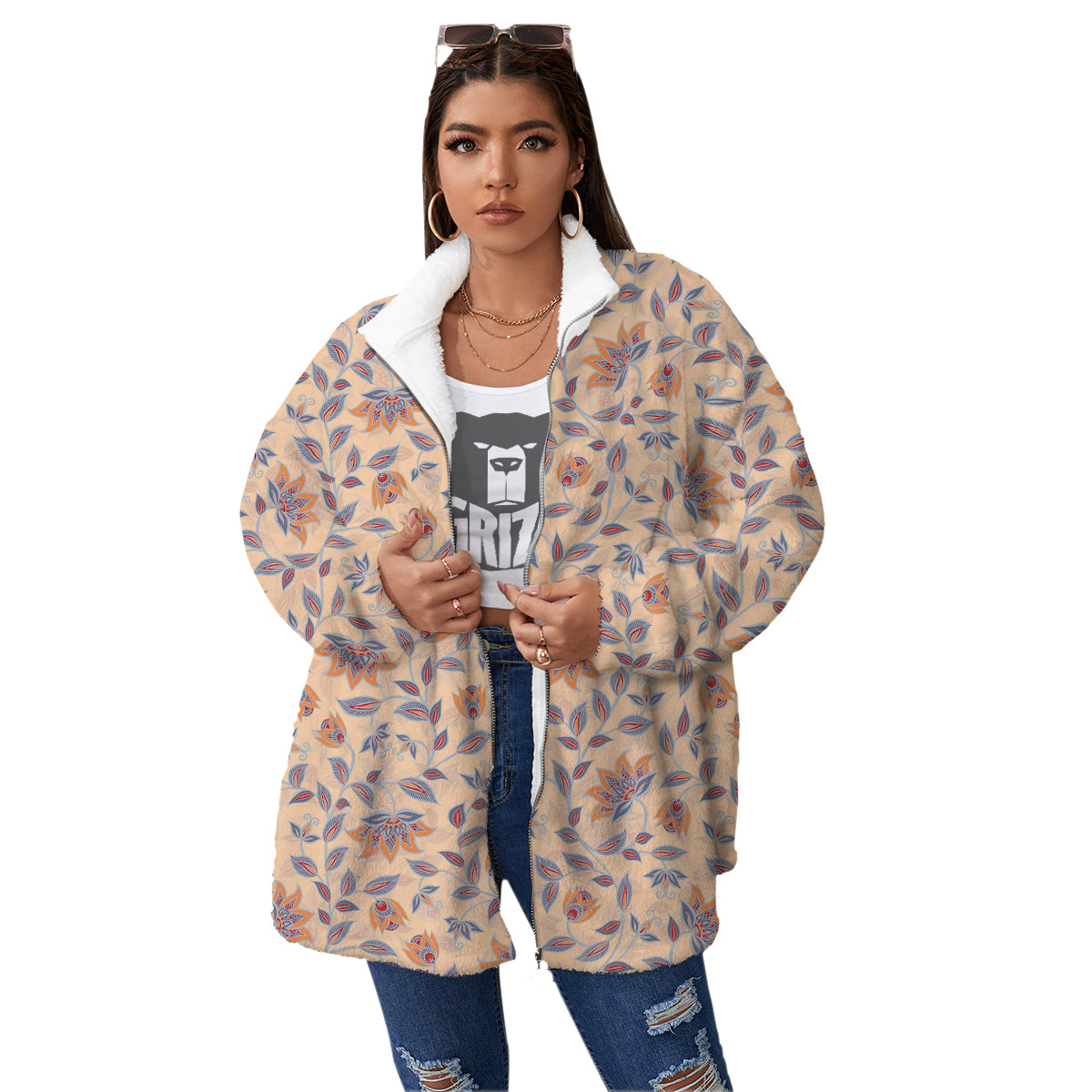 Floral Bohemian Beige Print Pattern Women's Sherpa Jacket-grizzshop