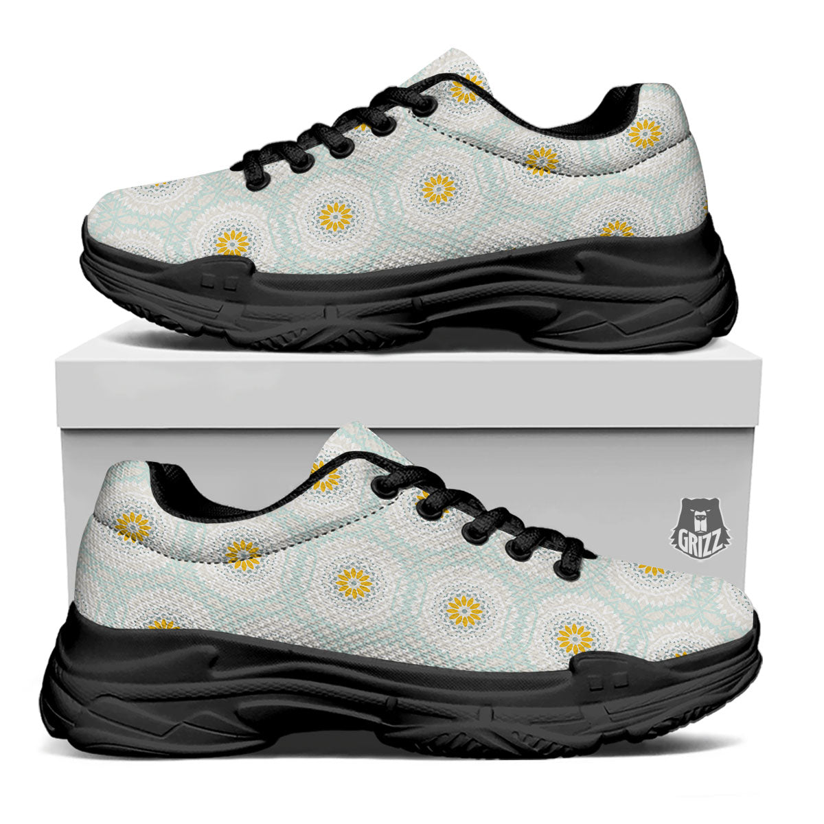 Floral Bohemian Pastel Print Pattern Black Chunky Shoes-grizzshop