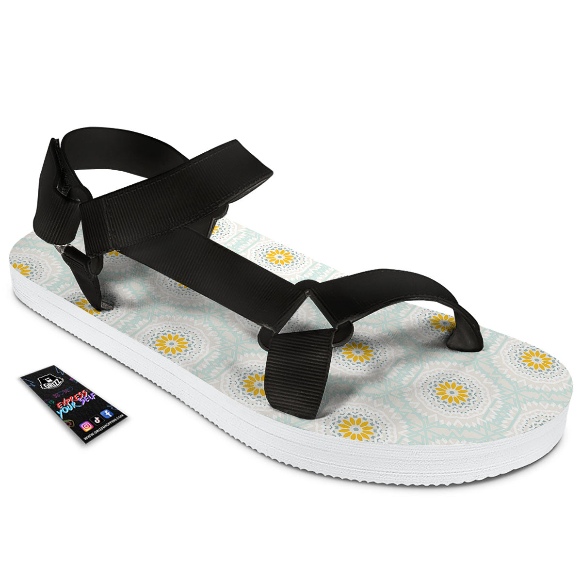Floral Bohemian Pastel Print Pattern Black Open Toe Sandals-grizzshop