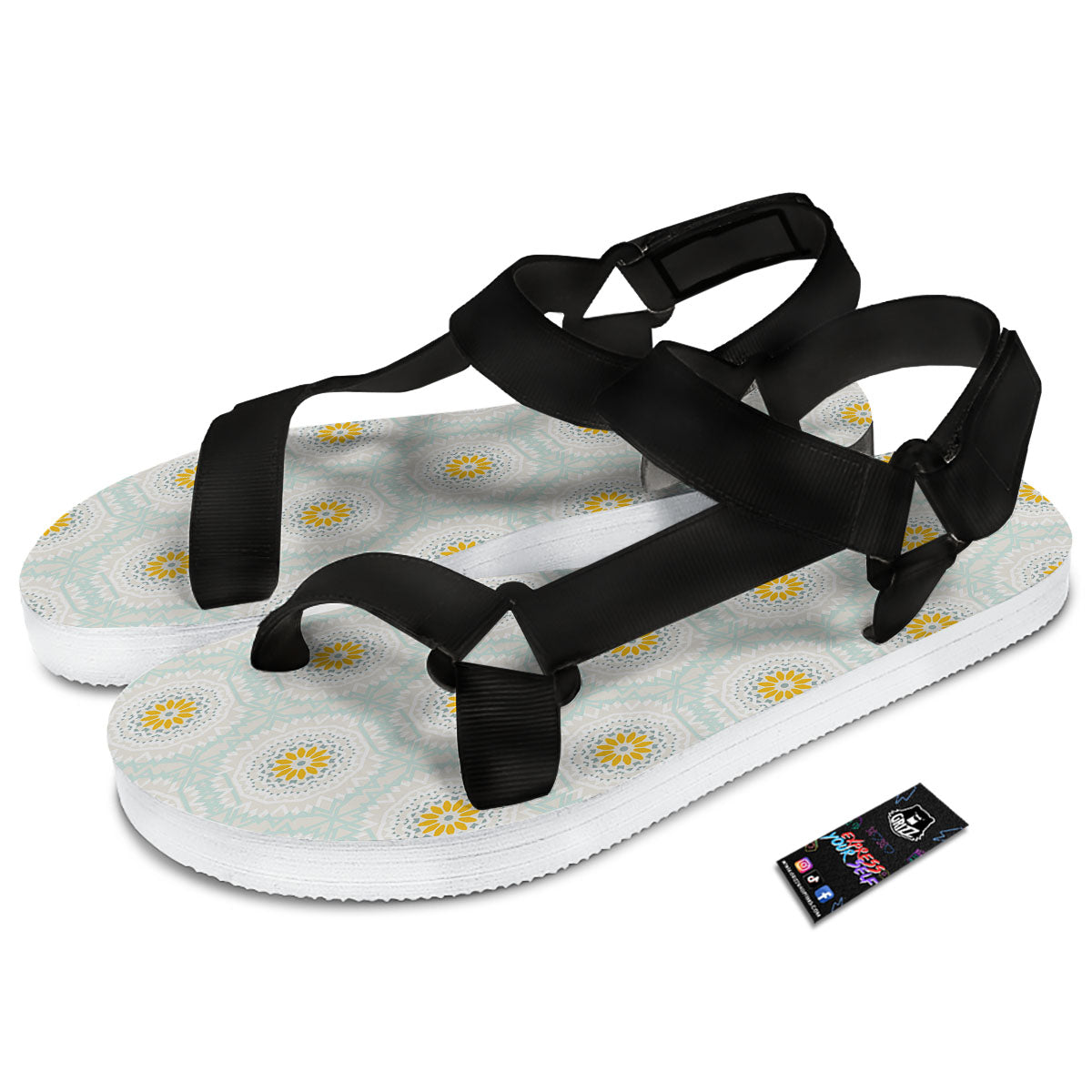 Floral Bohemian Pastel Print Pattern Black Open Toe Sandals-grizzshop