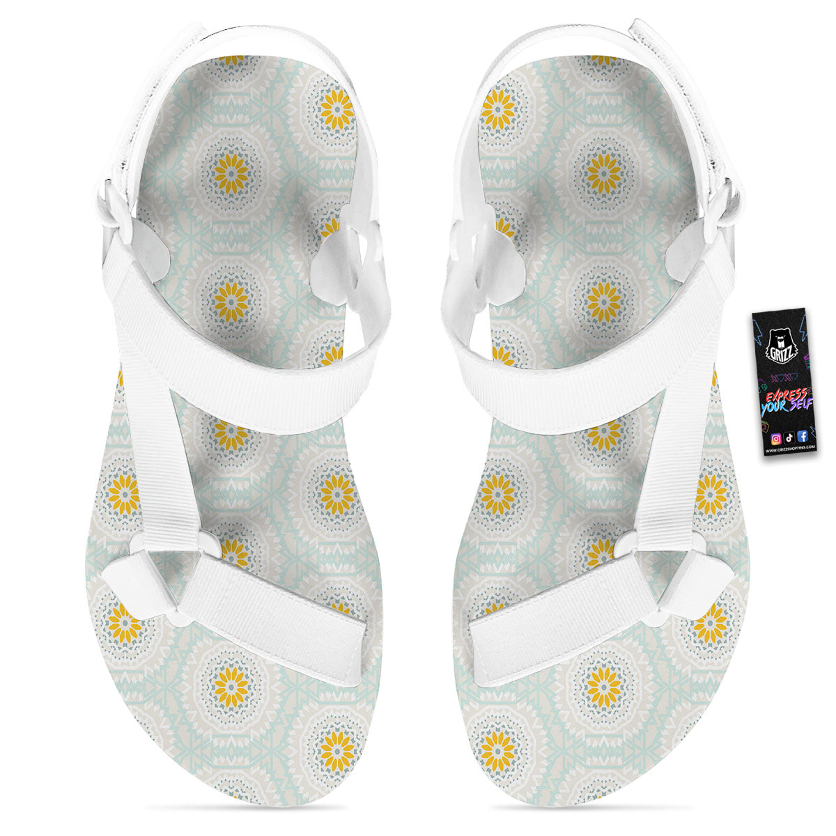 Floral Bohemian Pastel Print Pattern White Open Toe Sandals-grizzshop