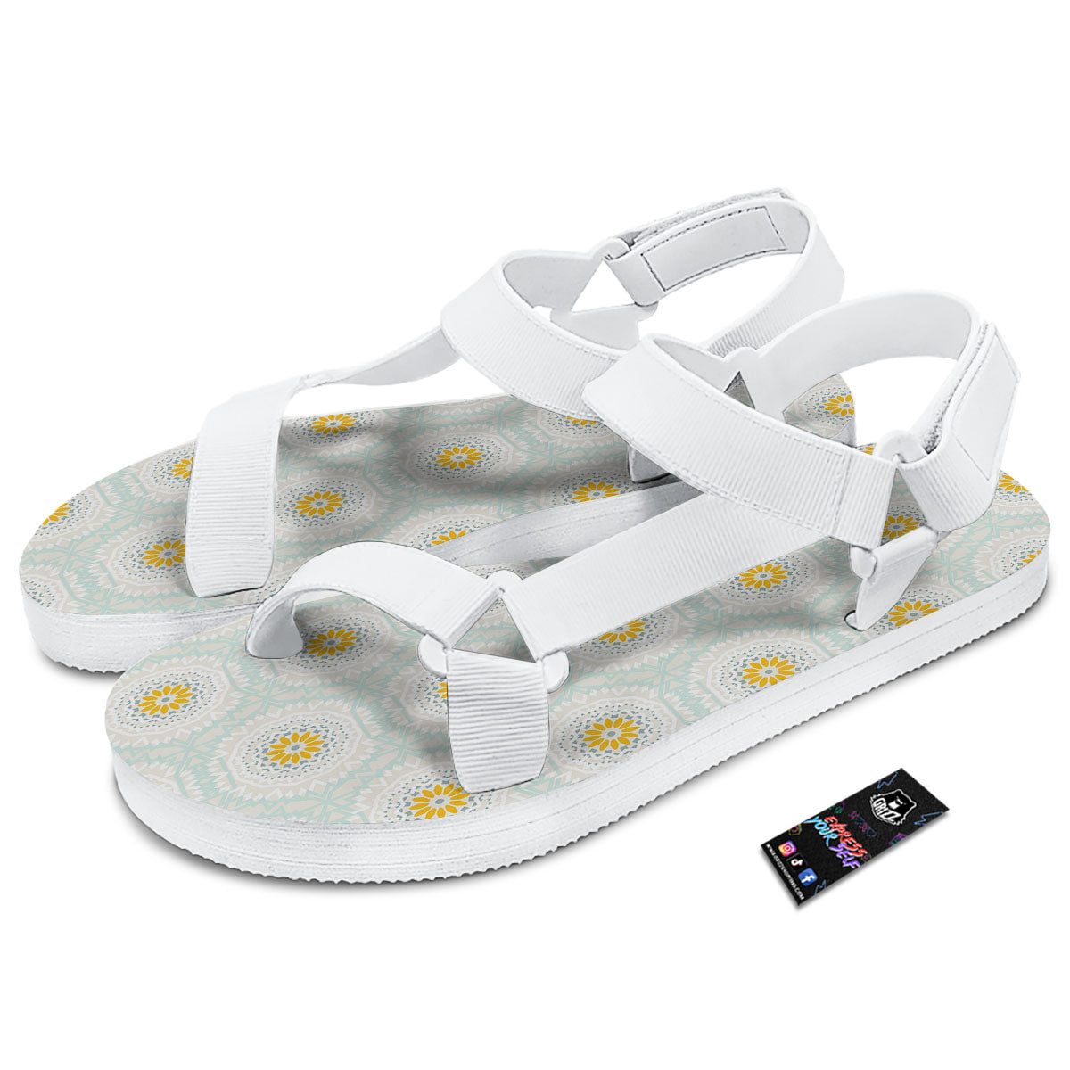 Floral Bohemian Pastel Print Pattern White Open Toe Sandals-grizzshop
