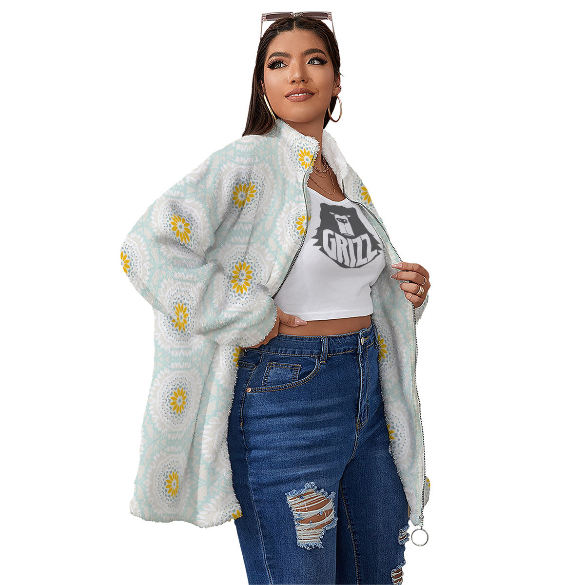 Floral Bohemian Pastel Print Pattern Women's Sherpa Jacket-grizzshop