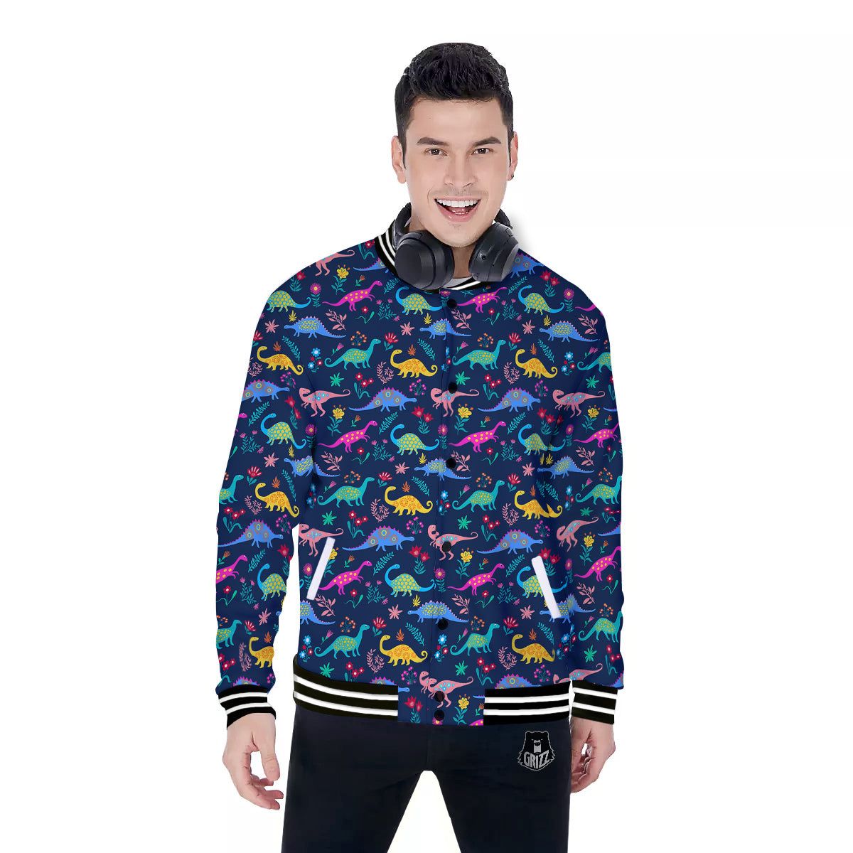 Floral Cute Dino Print Pattern Baseball Jacket-grizzshop
