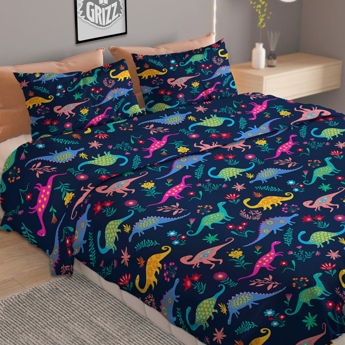 Floral Cute Dino Print Pattern Duvet Cover Bedding Set