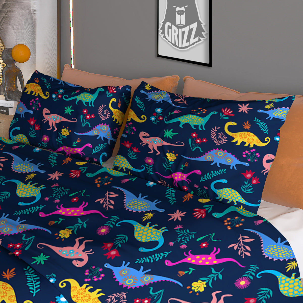 Floral Cute Dino Print Pattern Duvet Cover Bedding Set