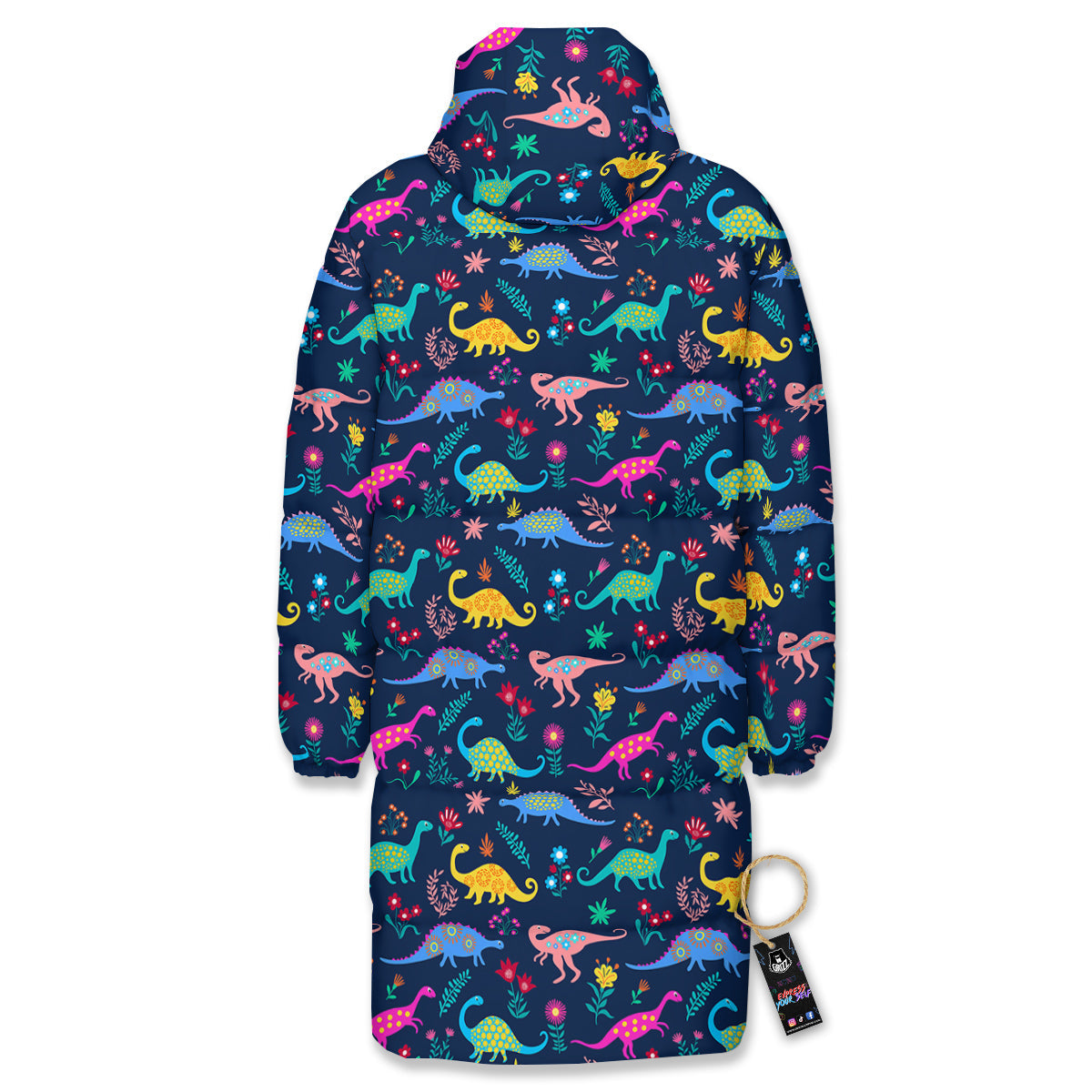 Floral Cute Dino Print Pattern Long Down Jacket-grizzshop