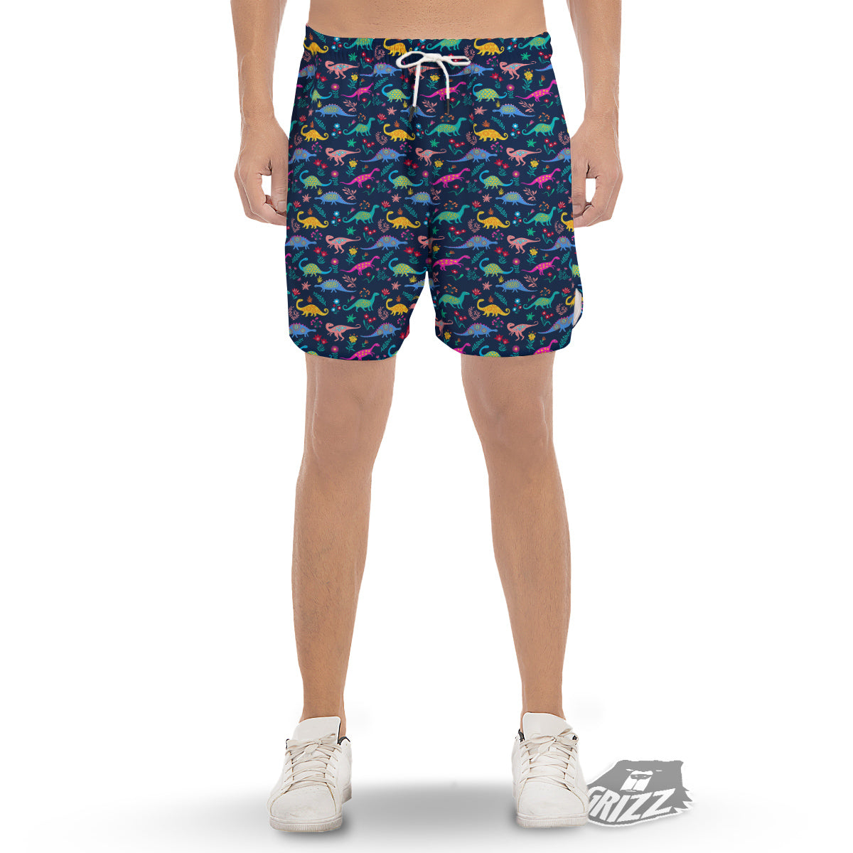 Floral Cute Dino Print Pattern Men's Gym Shorts-grizzshop