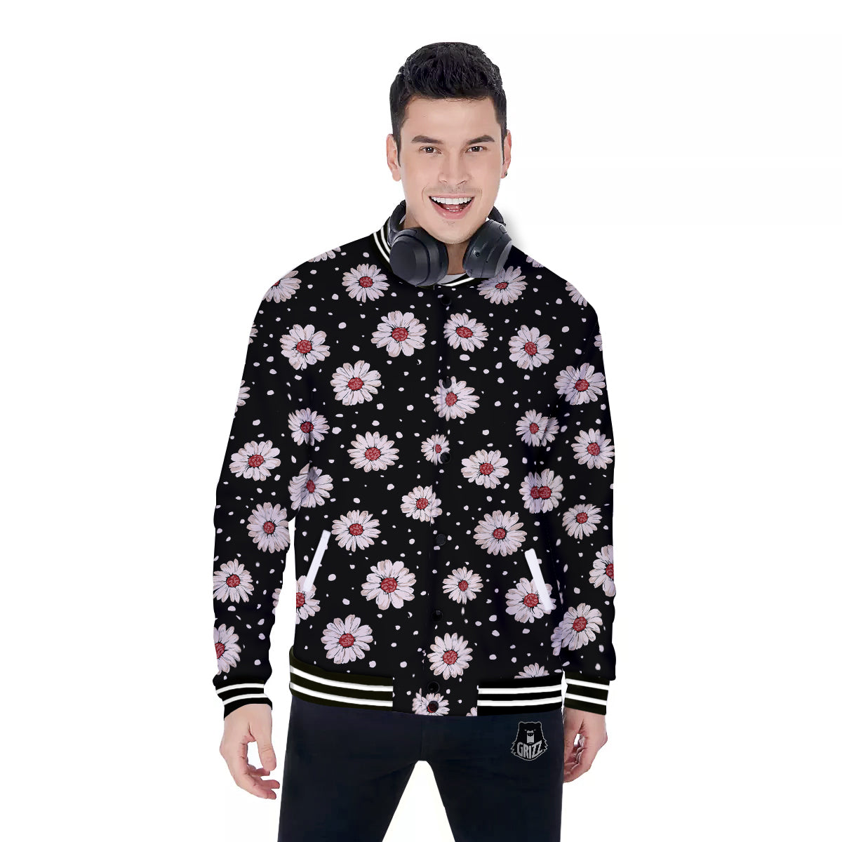 Floral Daisy Watercolor Print Pattern Baseball Jacket-grizzshop