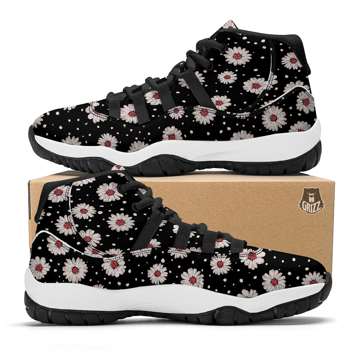 Floral Daisy Watercolor Print Pattern Black Bball Shoes-grizzshop