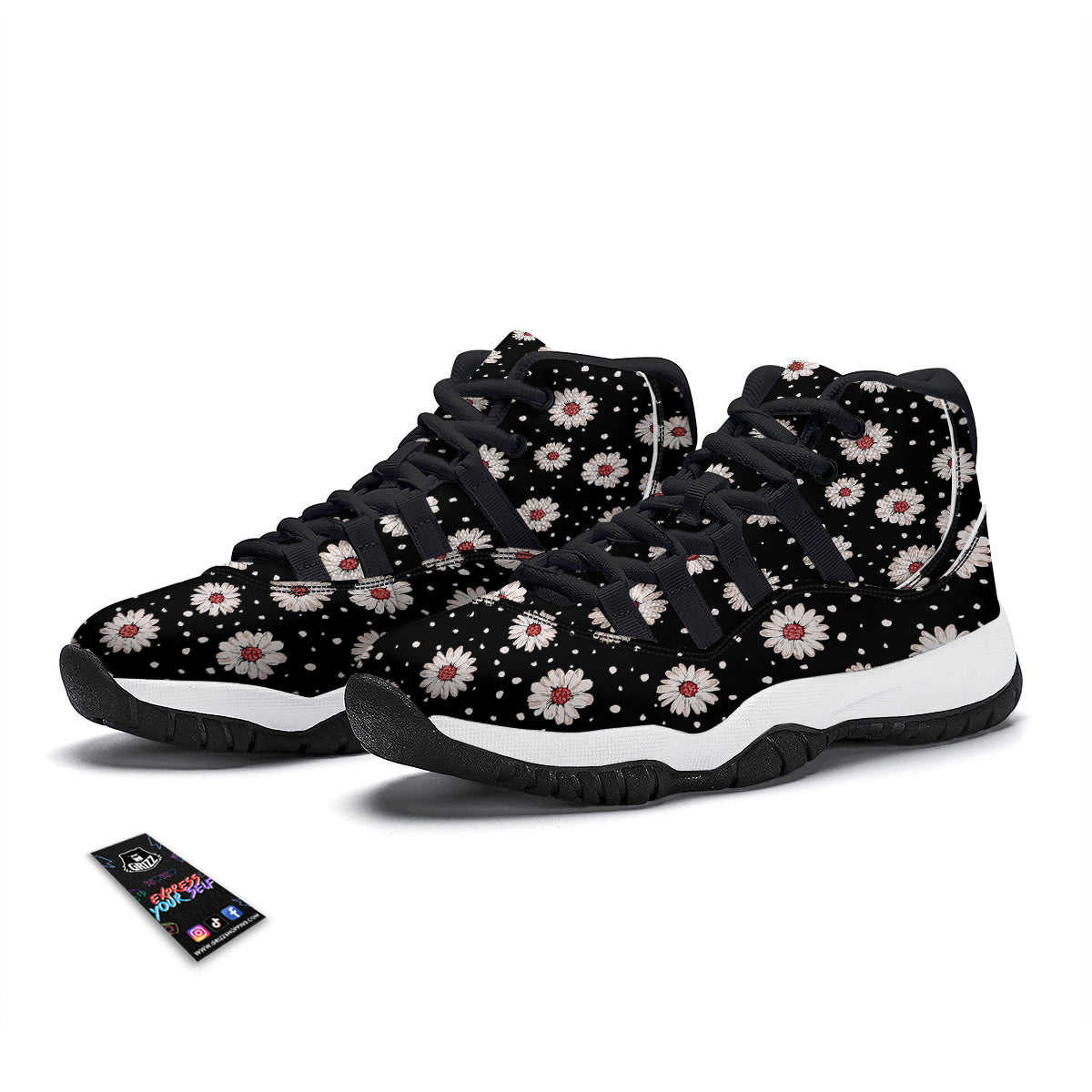 Floral Daisy Watercolor Print Pattern Black Bball Shoes-grizzshop