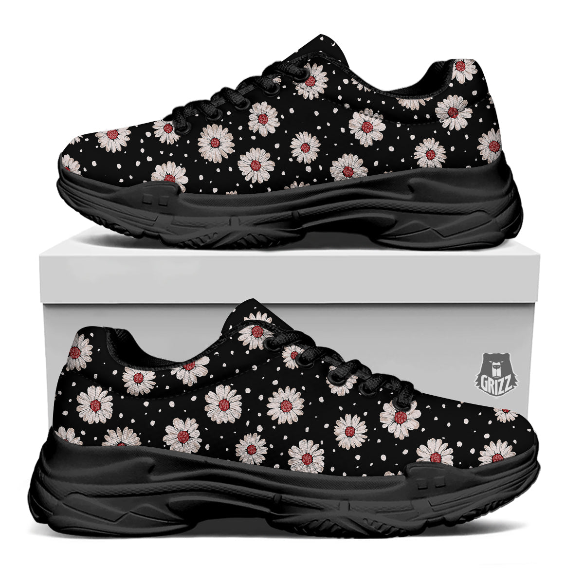 Floral Daisy Watercolor Print Pattern Black Chunky Shoes-grizzshop