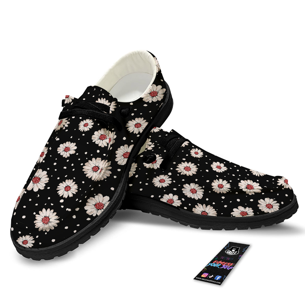 Floral Daisy Watercolor Print Pattern Black Loafers-grizzshop
