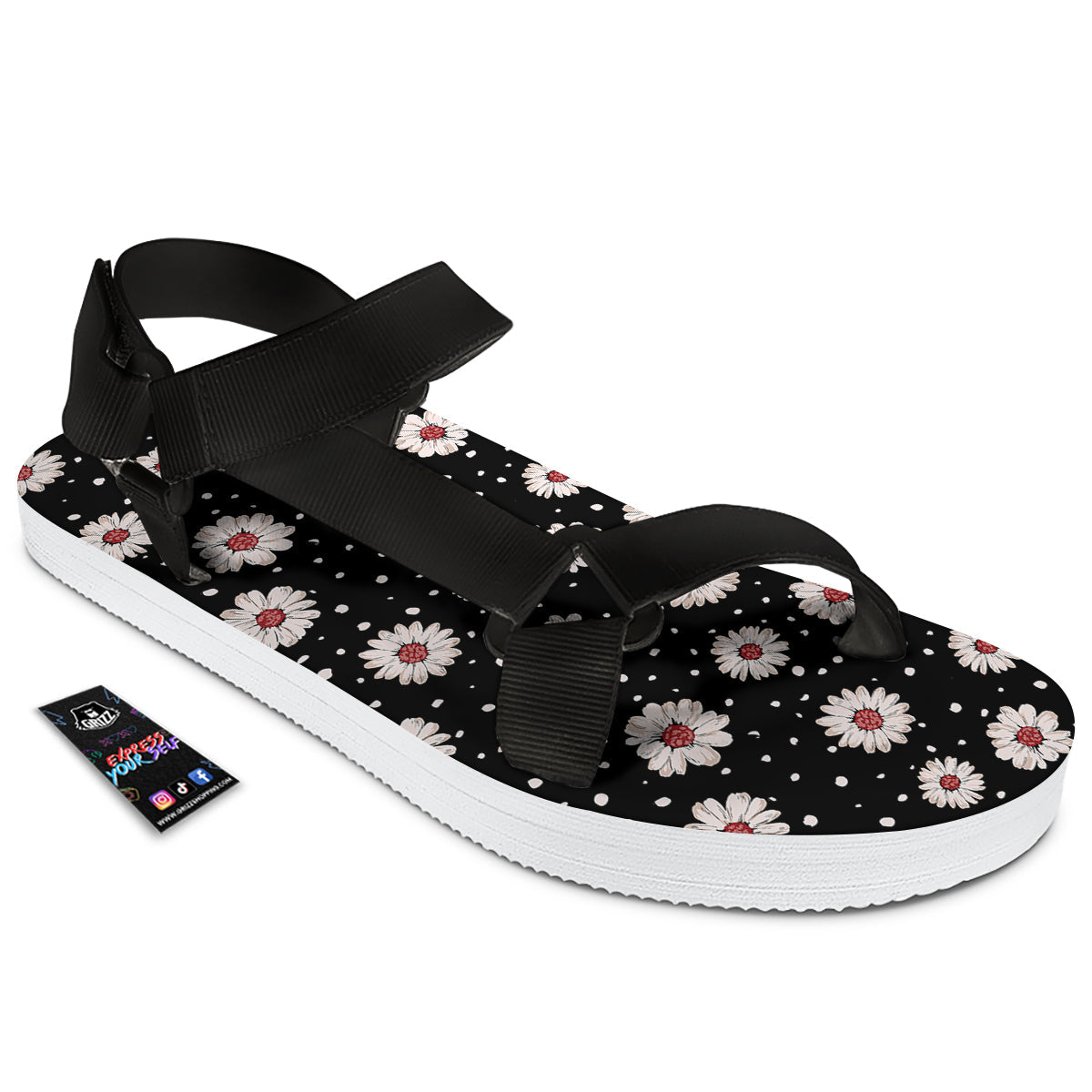 Floral Daisy Watercolor Print Pattern Black Open Toe Sandals-grizzshop