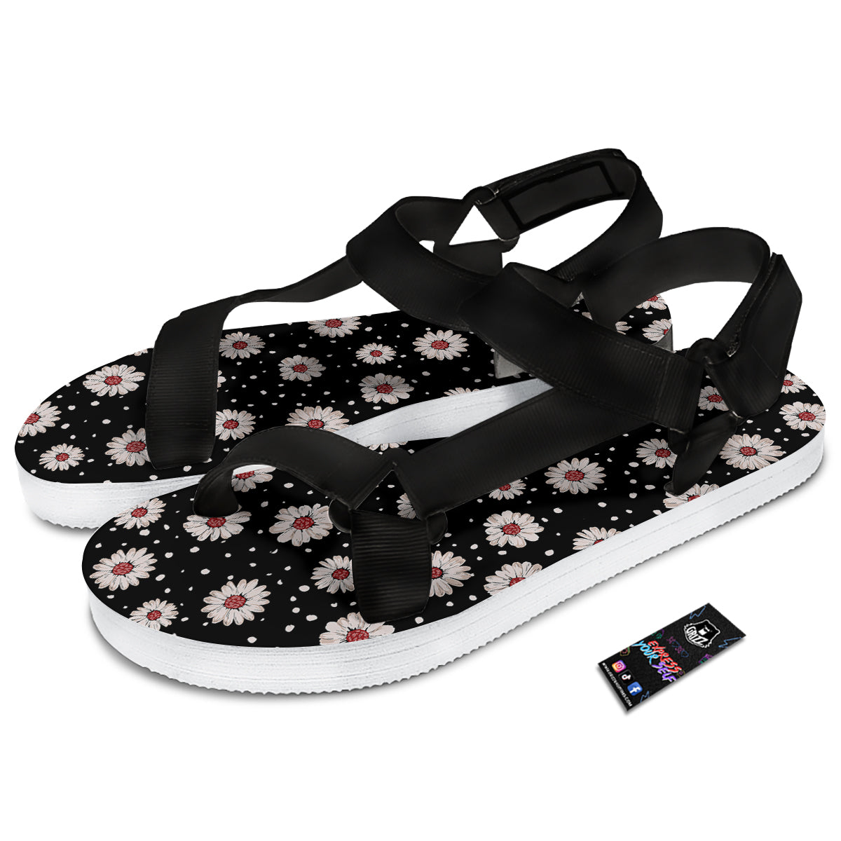 Floral Daisy Watercolor Print Pattern Black Open Toe Sandals-grizzshop