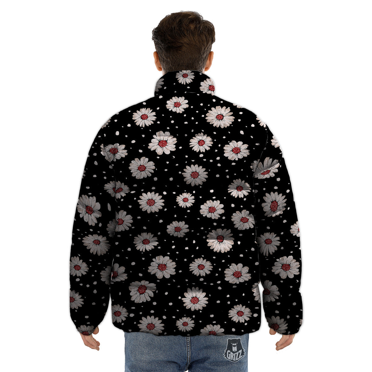 Floral Daisy Watercolor Print Pattern Puffer Jacket-grizzshop