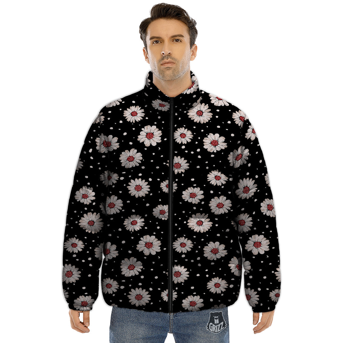 Floral Daisy Watercolor Print Pattern Puffer Jacket-grizzshop
