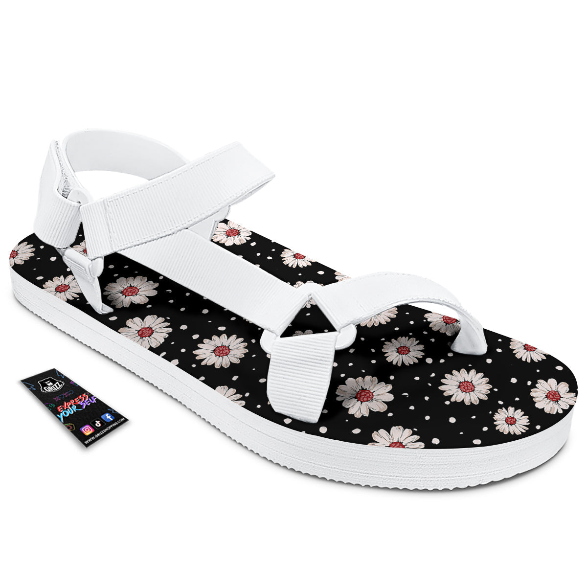 Floral Daisy Watercolor Print Pattern White Open Toe Sandals-grizzshop