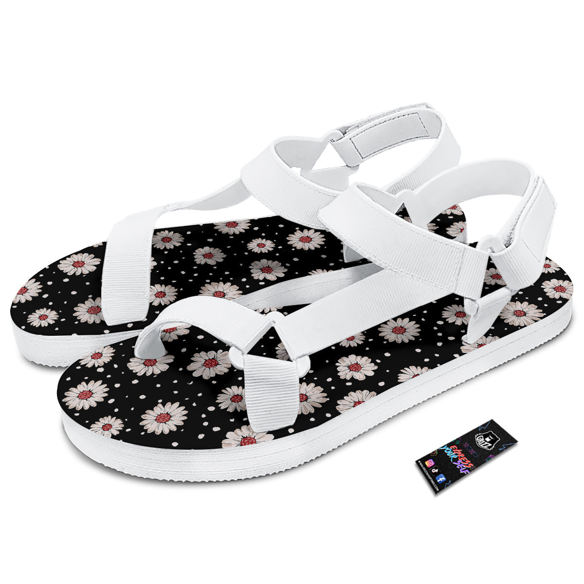 Floral Daisy Watercolor Print Pattern White Open Toe Sandals-grizzshop