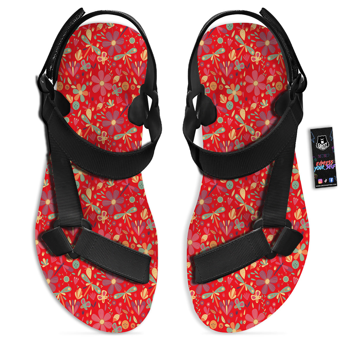 Floral Dragonfly Christmas Print Pattern Black Open Toe Sandals-grizzshop