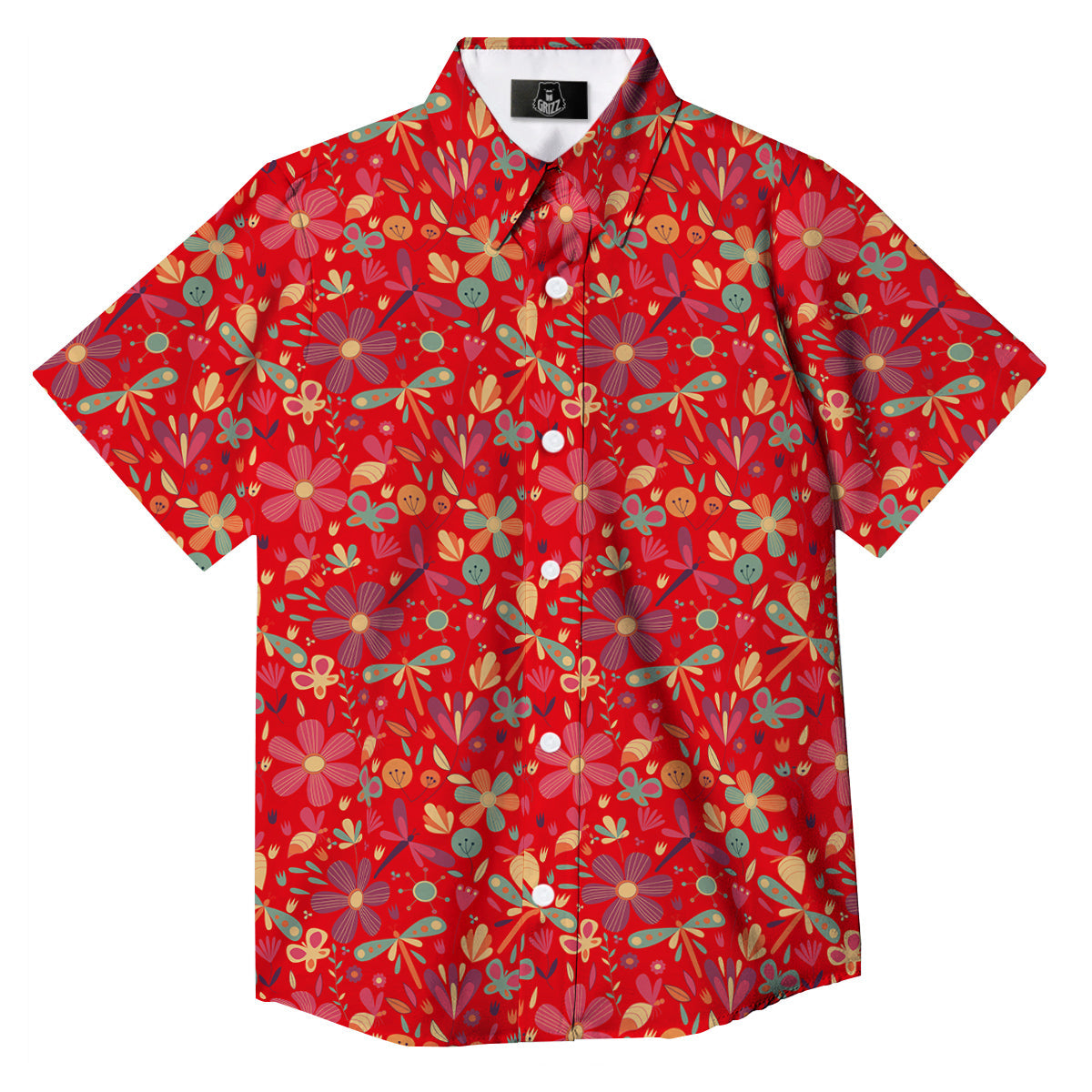 Floral Dragonfly Christmas Print Pattern Button Up Shirt-grizzshop