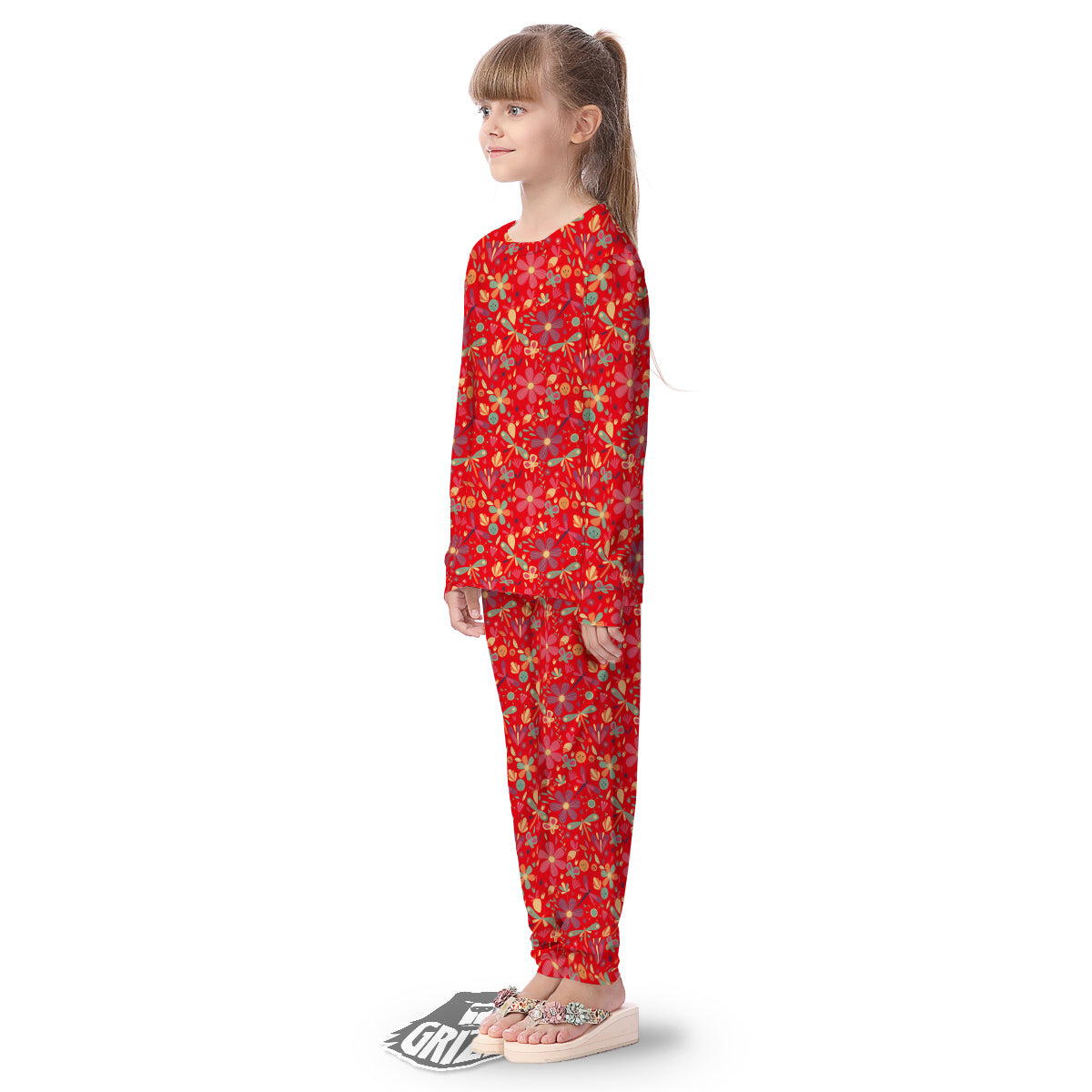 Floral Dragonfly Christmas Print Pattern Kid's Pajamas-grizzshop