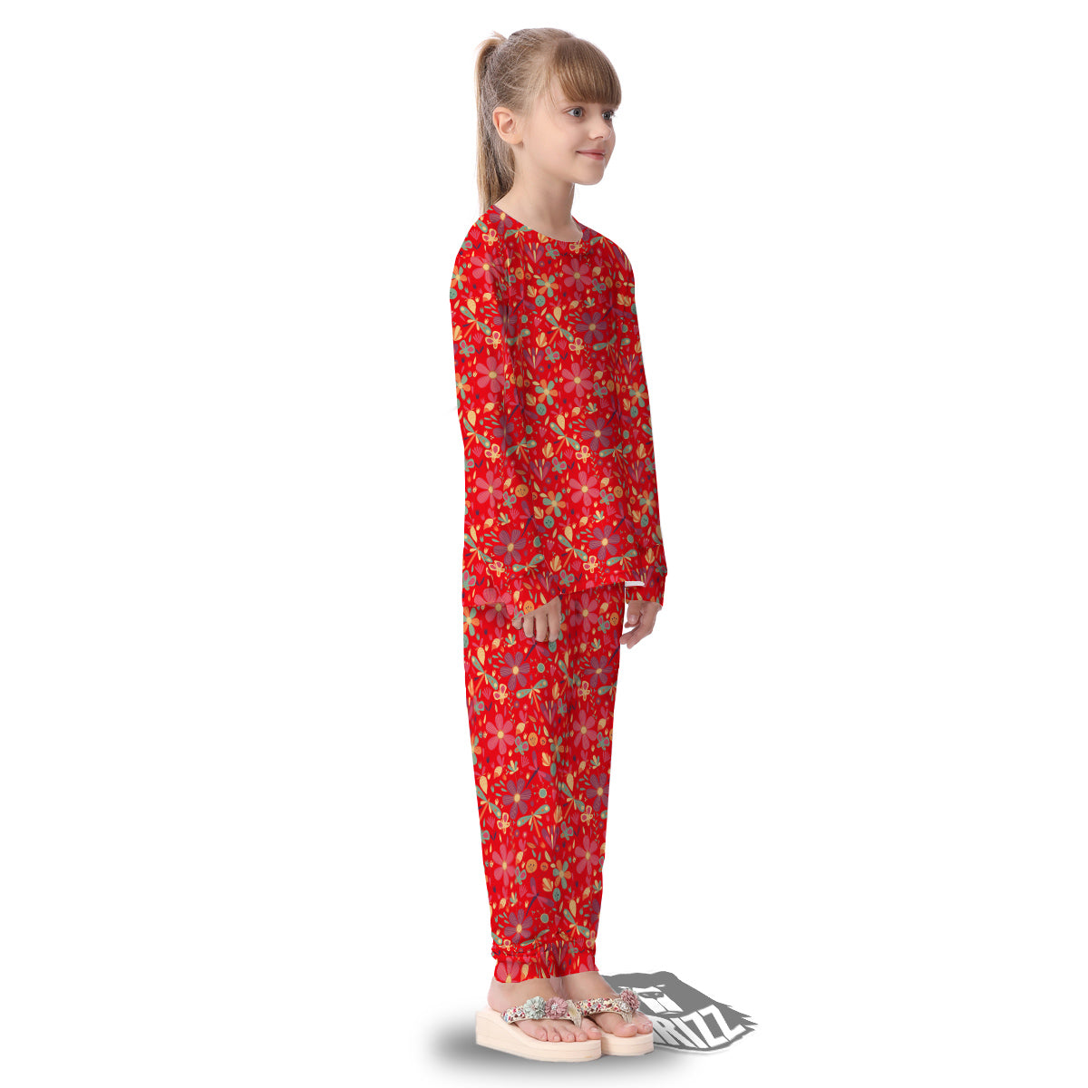 Floral Dragonfly Christmas Print Pattern Kid's Pajamas-grizzshop