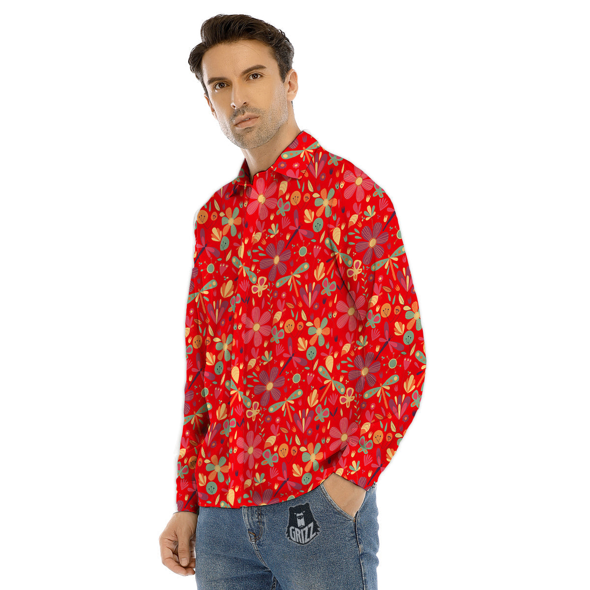 Floral Dragonfly Christmas Print Pattern Men's Dress Shirts-grizzshop