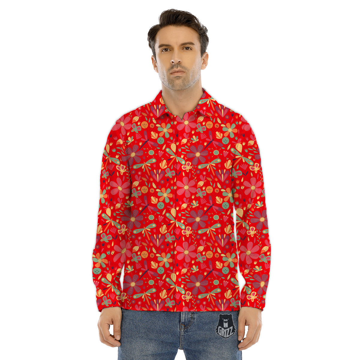 Floral Dragonfly Christmas Print Pattern Men's Dress Shirts-grizzshop