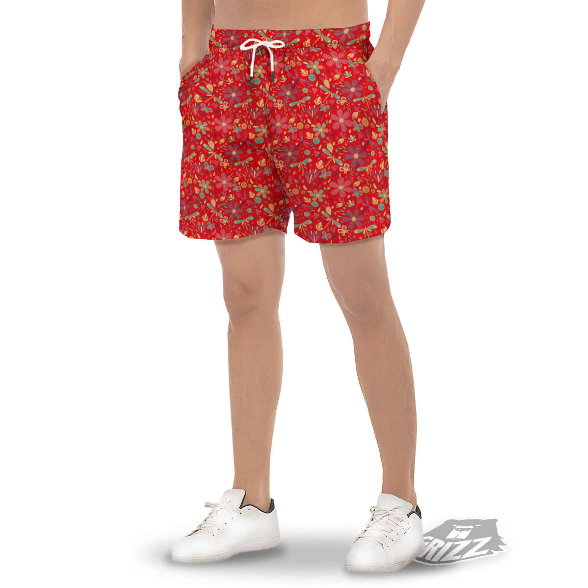 Floral Dragonfly Christmas Print Pattern Men's Gym Shorts-grizzshop