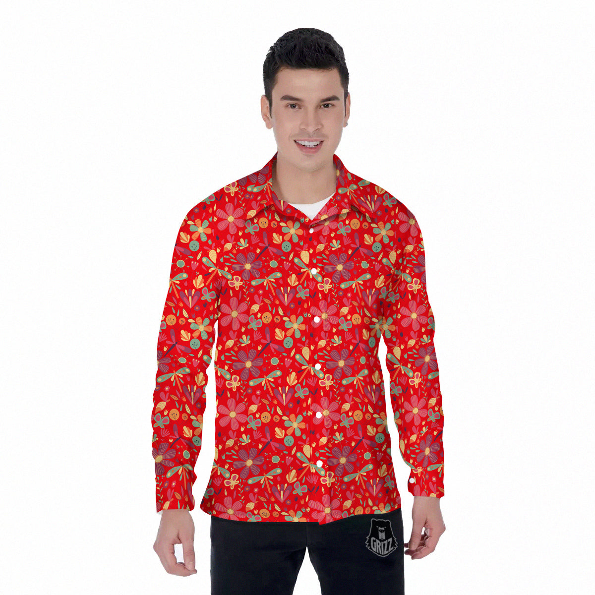 Floral Dragonfly Christmas Print Pattern Men's Long Sleeve Shirts-grizzshop